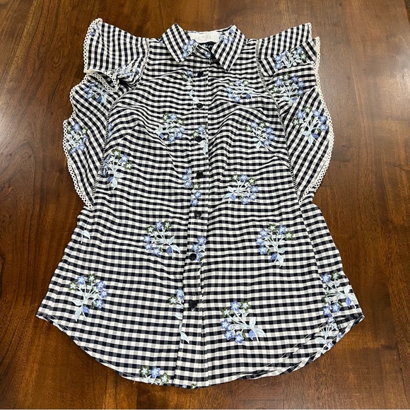 Lela Rose Tops - Pearl Lela Rose Poplin Flutter Sleeve Floral Gingham Top Size XS